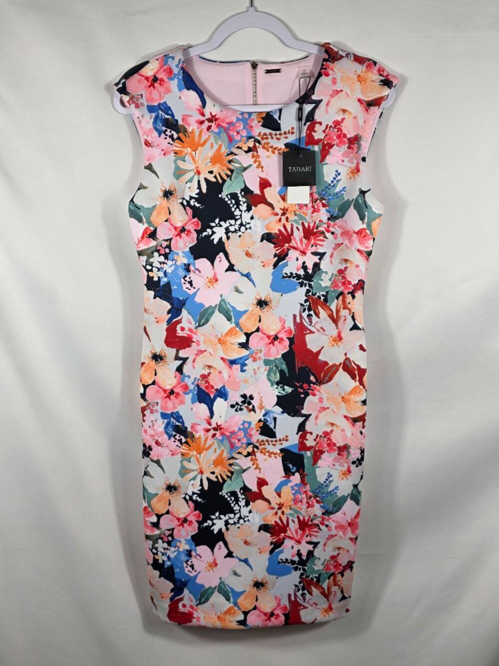 Tahari Sleeveless Floral Sheath Dress Women's Size 6 Blue, Green & Pink Flowers
